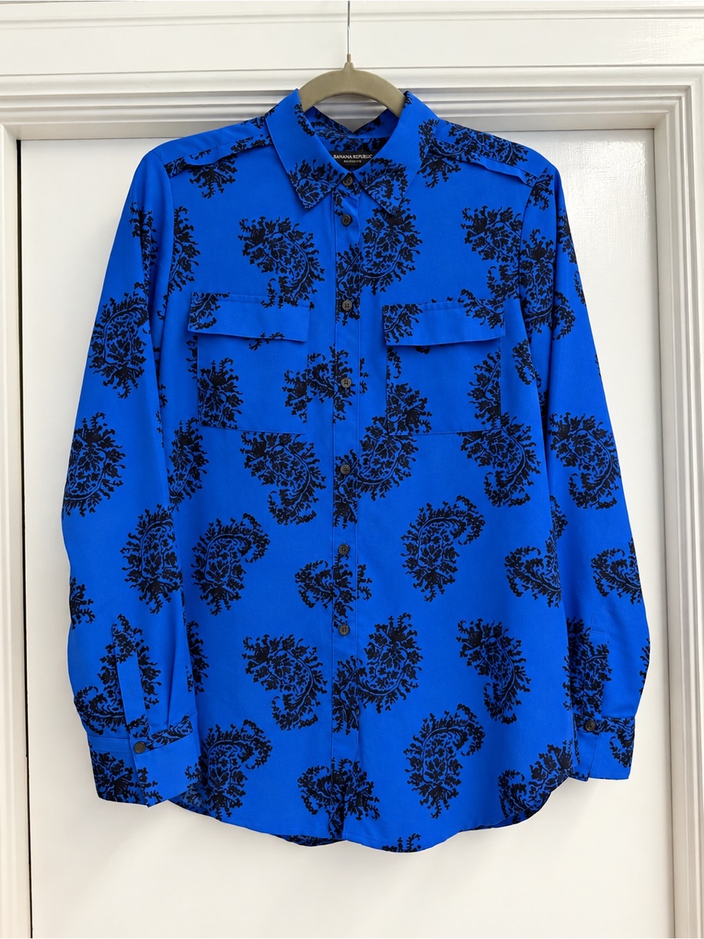 Banana Republic Royal Blue Button-Down Shirt with Black Paisley Print
